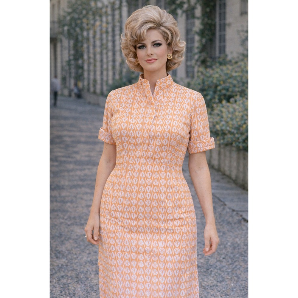 Vintage 60s Orange White Tulip Print Sheath Dress Mandarin Collar Mod Retro